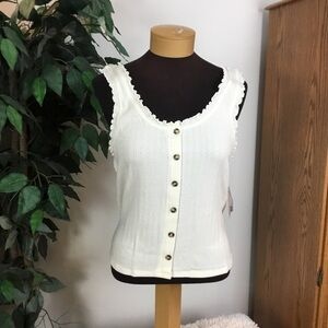 SO L white button front tank top with ruffle trim on neckline and arms
